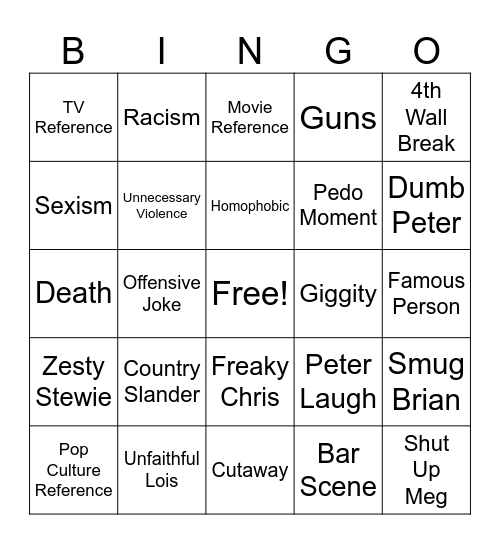 Family Guy Bingo Card