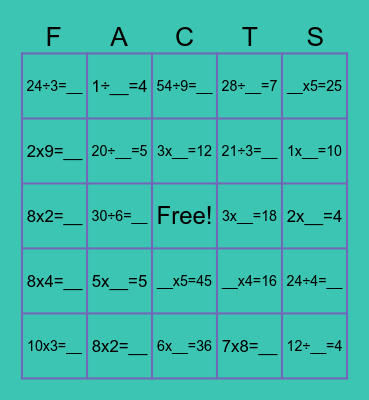 Multiplication and Division Facts Bingo Card