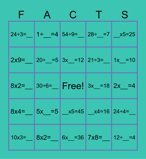 Multiplication and Division Facts Bingo Card