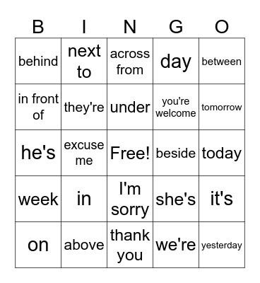 English Bingo Card