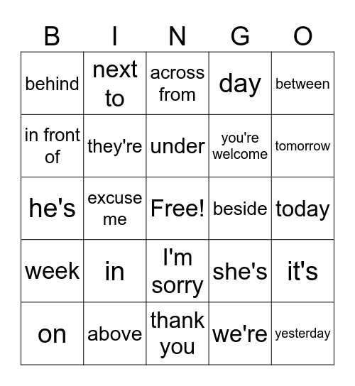 English Bingo Card