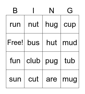 Short U Bingo Card
