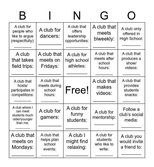 Club Fair Bingo Card