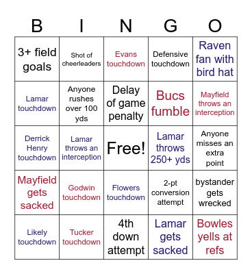 Monday Night Football Bingo Card