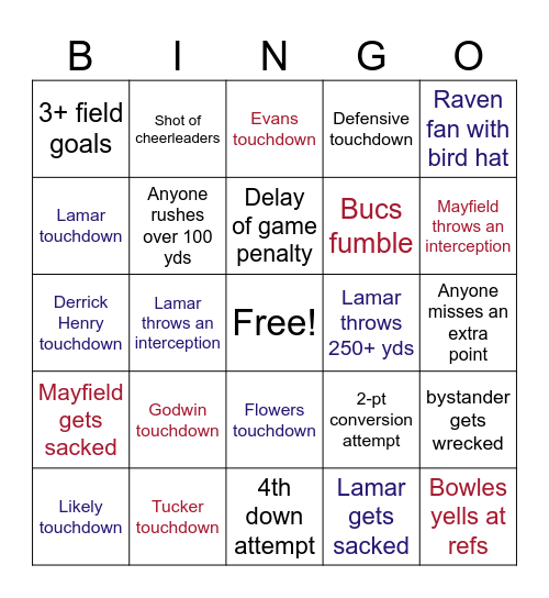 Monday Night Football Bingo Card