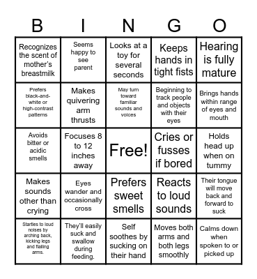 1 and 2 Month Developmental Milestones! Bingo Card