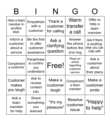 Customer Service Bingo Card