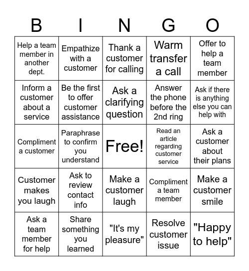 Customer Service Bingo Card