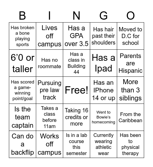 BINGO STUDENT ATHLETE EDITION Bingo Card