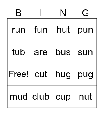 Short U Bingo Card