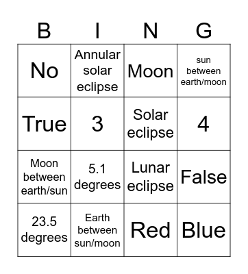 Eclipses Bingo Card