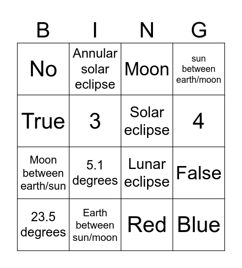 Eclipses Bingo Card