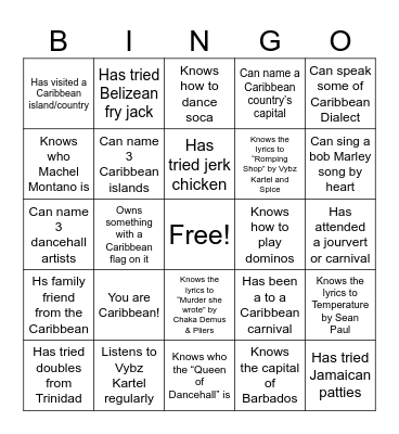 Caribbean BINGO Card