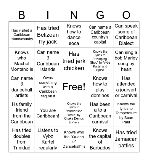 Caribbean BINGO Card