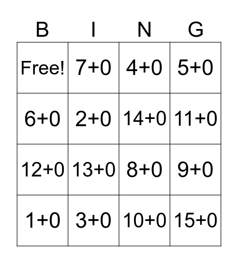 Zero Math Bingo Card