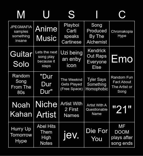 Personal Music Bingo Card