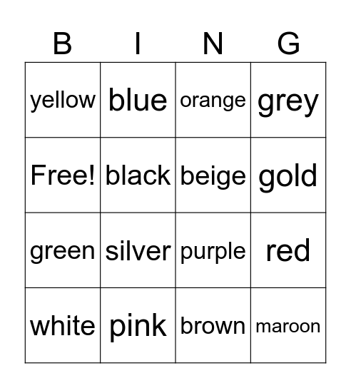 Colors Bingo Card