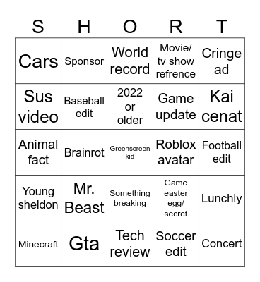 Youtube Shorts bingo Card