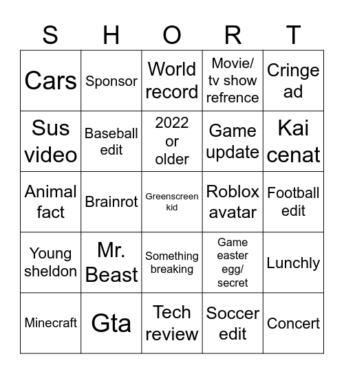 Youtube Shorts bingo Card