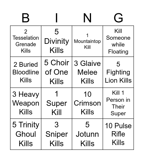 Destiny 2 PvP Bingo Card