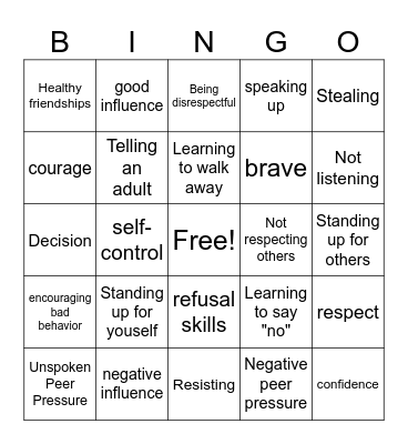 Peer Pressure Bingo Card