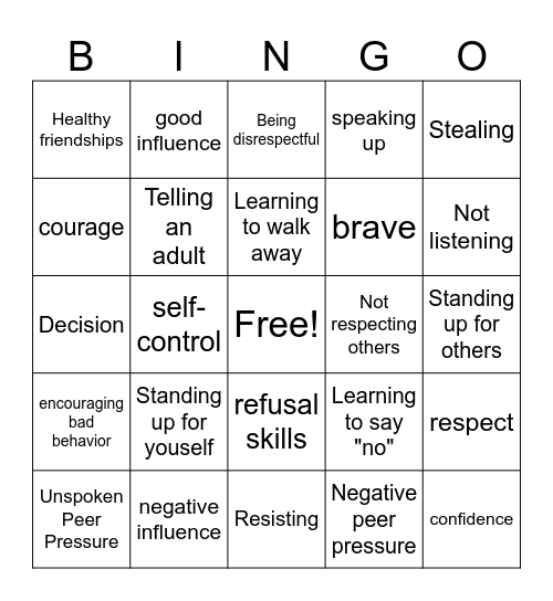 Peer Pressure Bingo Card