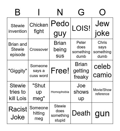 Family Guy Bingo Card