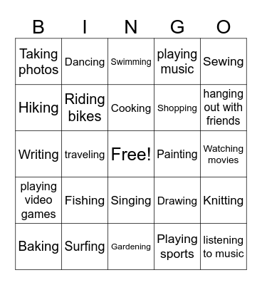 Hobbies Bingo Card