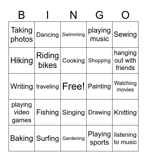 Hobbies Bingo Card