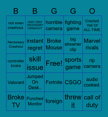 BBG GAMER RAGE Bingo Card