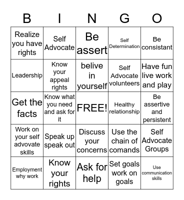 SELF ADVOCATE Bingo Card