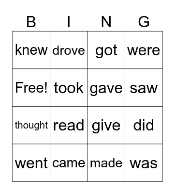Past Tense Verbs Bingo Card