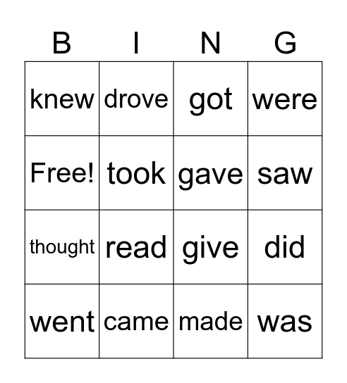 Past Tense Verbs Bingo Card