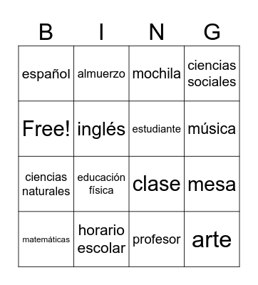 School subjects Bingo Card