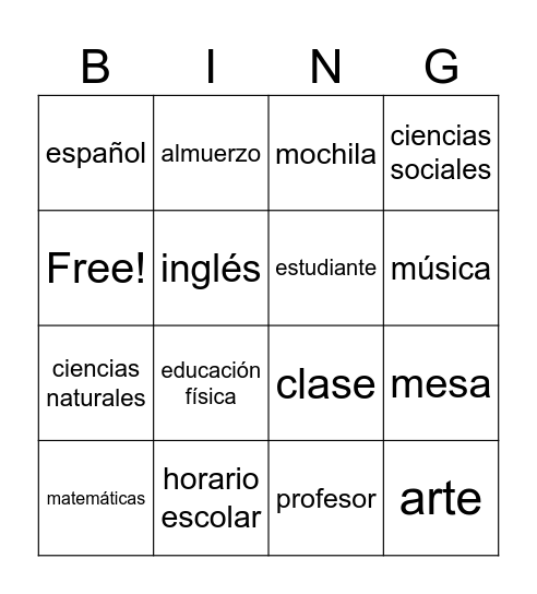 School subjects Bingo Card