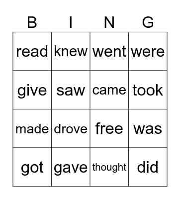 Past Tense Verbs Bingo Card