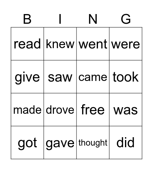 Past Tense Verbs Bingo Card