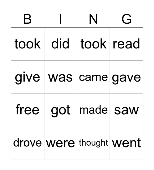 Past Tense Verbs Bingo Card
