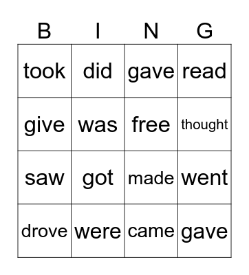 Past Tense Verbs Bingo Card