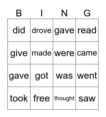 Past Tense Verbs Bingo Card
