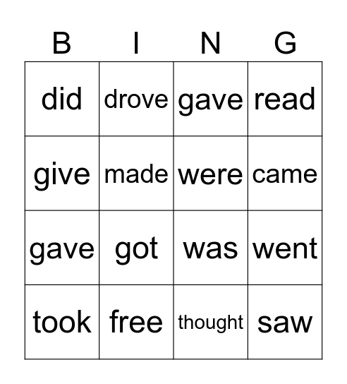 Past Tense Verbs Bingo Card