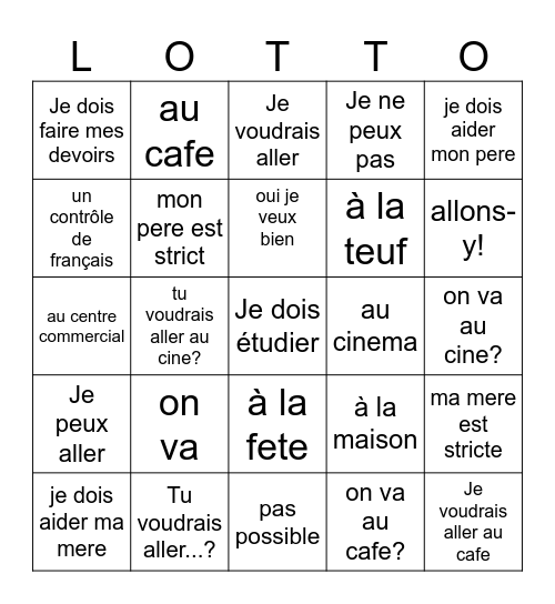 T'es branche unit 1 lecon c Bingo Card