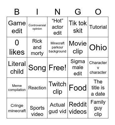 YouTube shorts Bingo Card