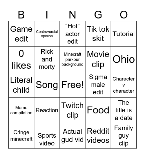 YouTube shorts Bingo Card