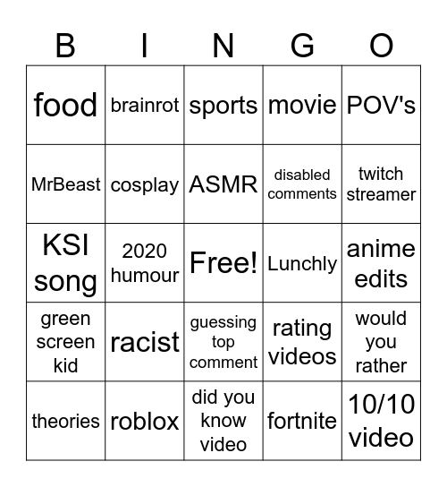 Youtube shorts Bingo Card