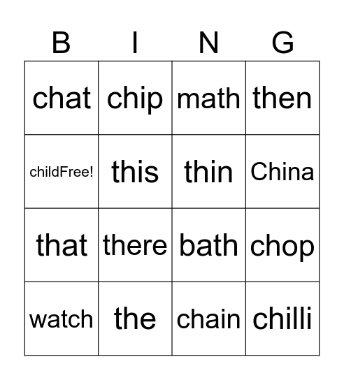 Ch and Th Words Bingo Card
