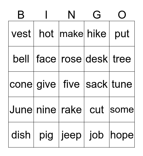 Long/Short Vowel Bingo Card