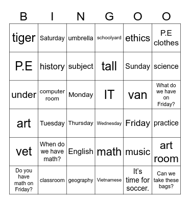 UNIT 4_ WE HAVE ENGLISH! Bingo Card