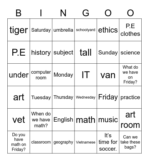 UNIT 4_ WE HAVE ENGLISH! Bingo Card