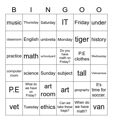 UNIT 4_ WE HAVE ENGLISH! Bingo Card